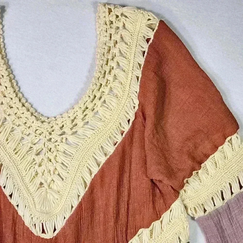 Women's Crochet Crinkle V-Neck Tunic Hippie BOHO Peasant‎ Coverup Earthy Blouse